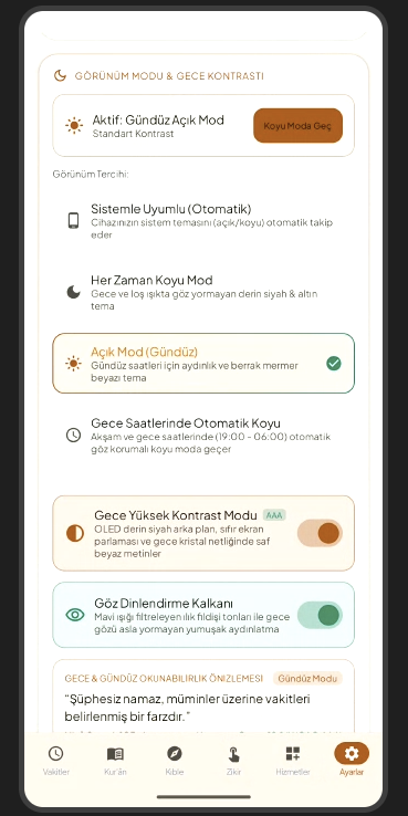 Açık/Koyu Mod ve Gece Kontrastı